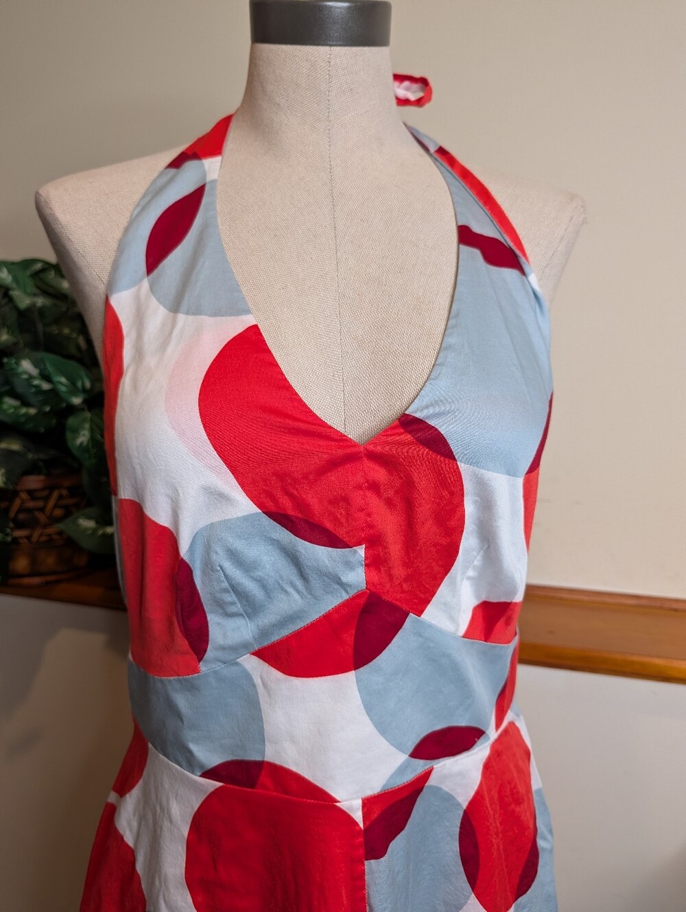Boden Halter Dress US 10R Red White Blue Circle Print Fit Flare Cotton - Picture 2 of 10